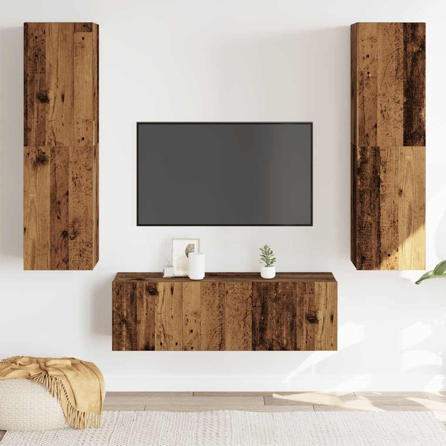Tv-wandkasten 3 st bewerkt hout oud houtkleurig