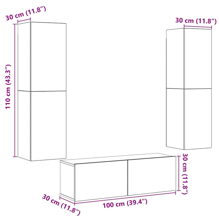 Tv-wandkasten 3 st bewerkt hout oud houtkleurig