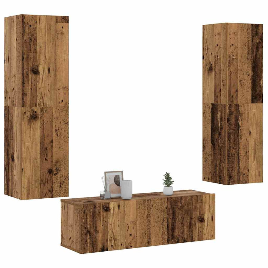Tv-wandkasten 3 st bewerkt hout oud houtkleurig