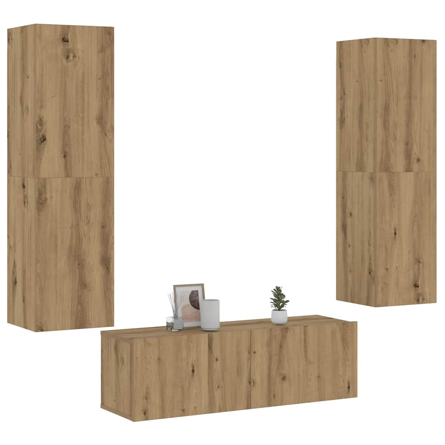 Tv-wandkasten 3 st bewerkt hout artisanaal eikenkleurig