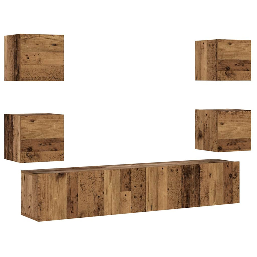 Tv-wandkasten 6 st bewerkt hout oud houtkleurig