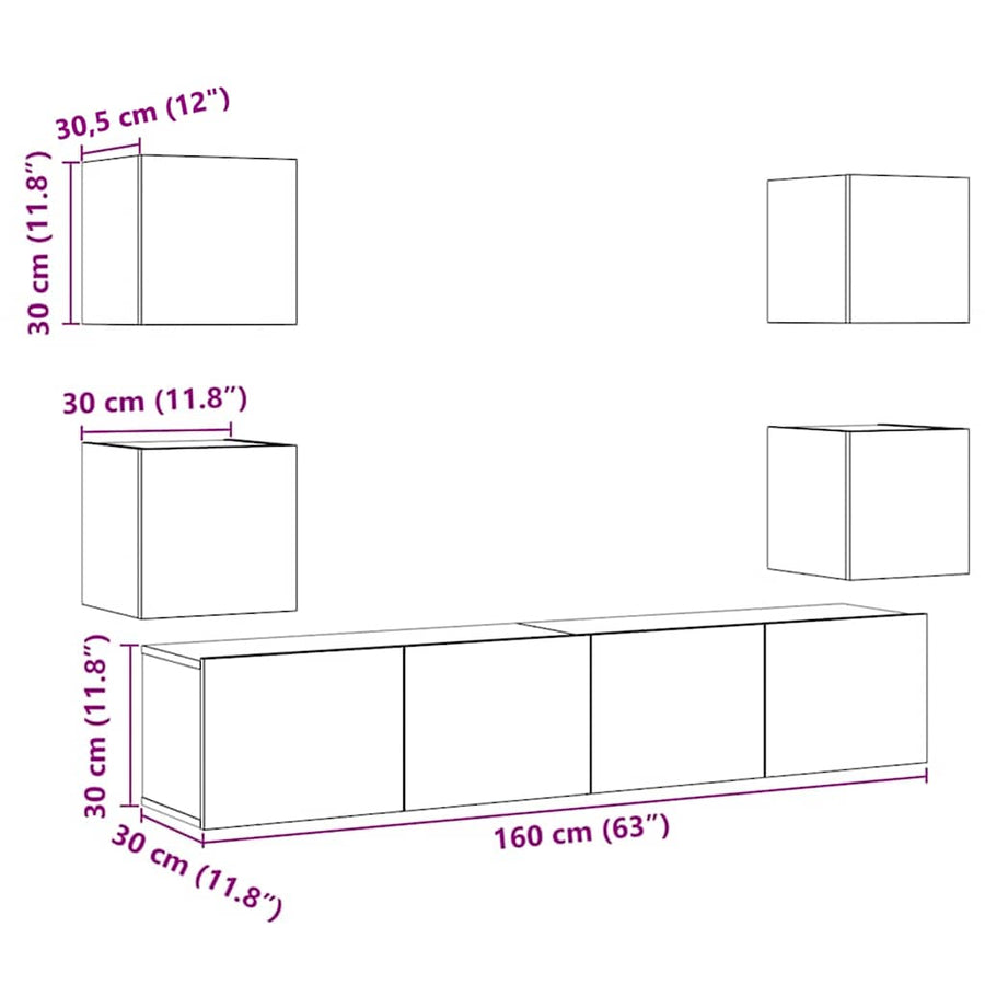 Tv-wandkasten 6 st bewerkt hout oud houtkleurig
