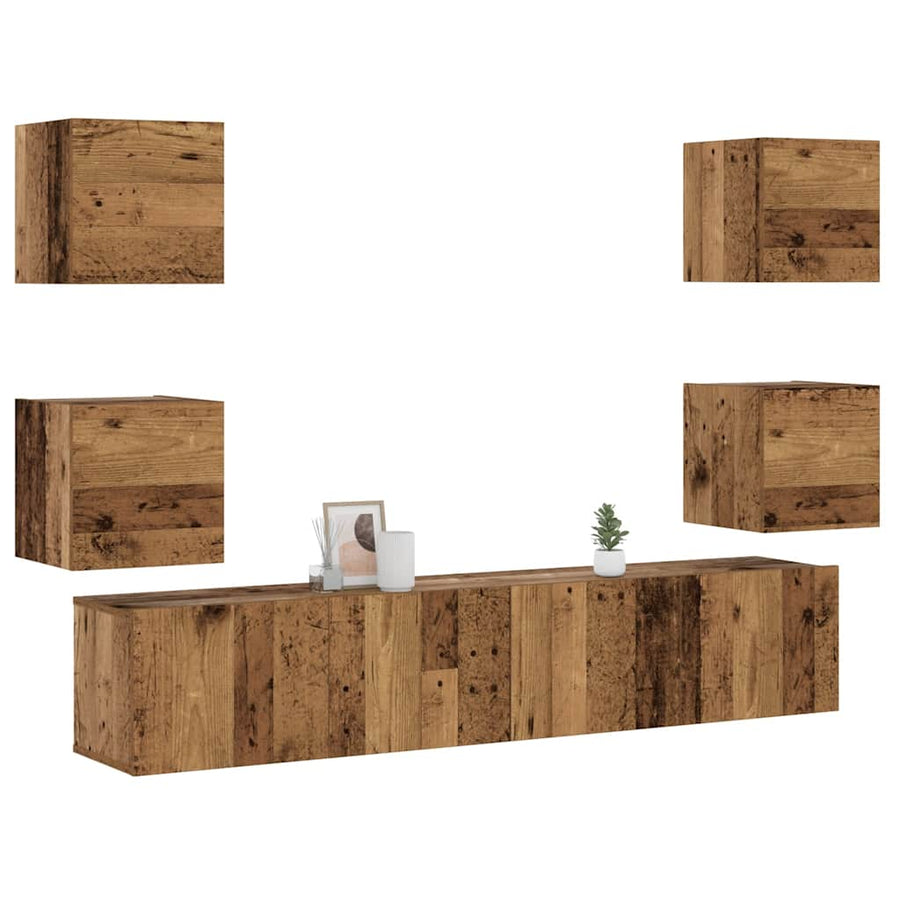 Tv-wandkasten 6 st bewerkt hout oud houtkleurig