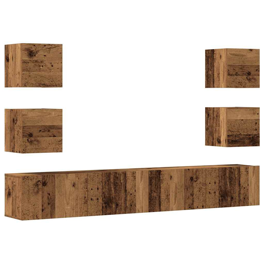 Tv-wandkasten 6 st bewerkt hout oud houtkleurig