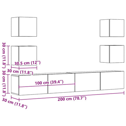 Tv-wandkasten 6 st bewerkt hout oud houtkleurig