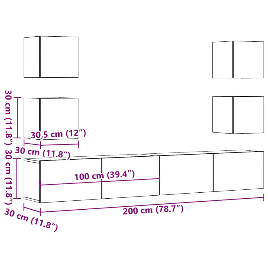 Tv-wandkasten 6 st bewerkt hout oud houtkleurig