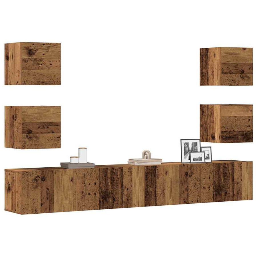 Tv-wandkasten 6 st bewerkt hout oud houtkleurig