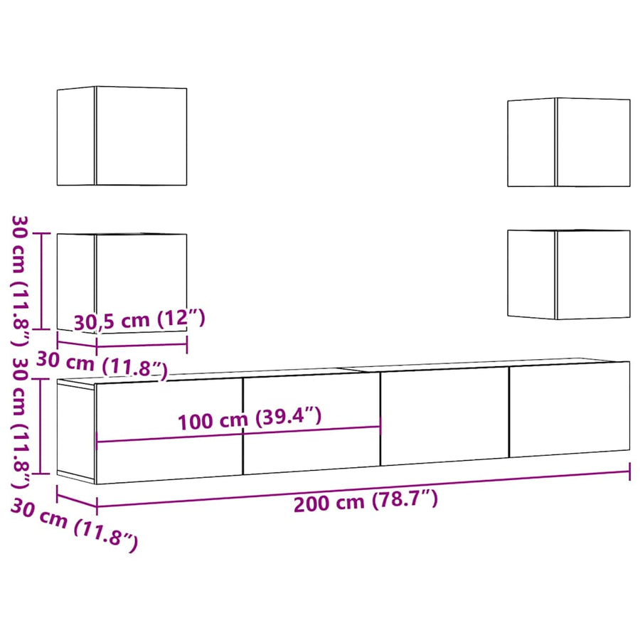 Tv-Wandkasten 6 St Bewerkt Hout 200 cm