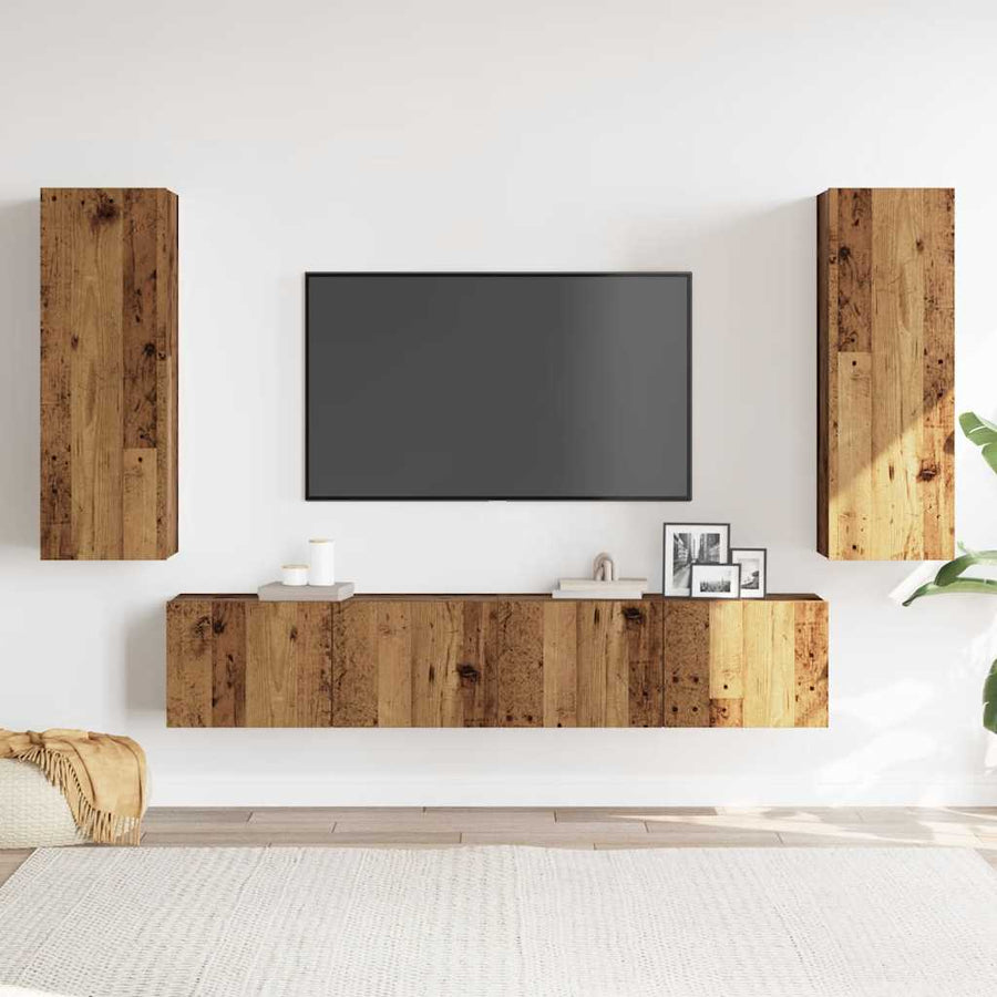 Tv-wandkasten 4 st bewerkt hout oud houtkleurig
