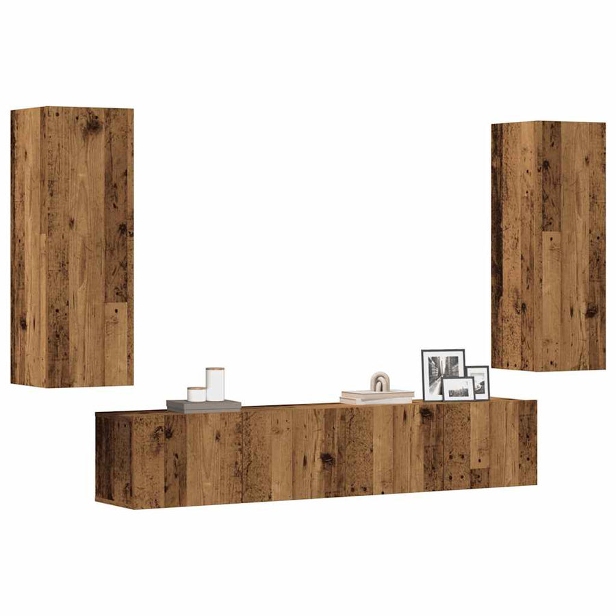 Tv-wandkasten 4 st bewerkt hout oud houtkleurig