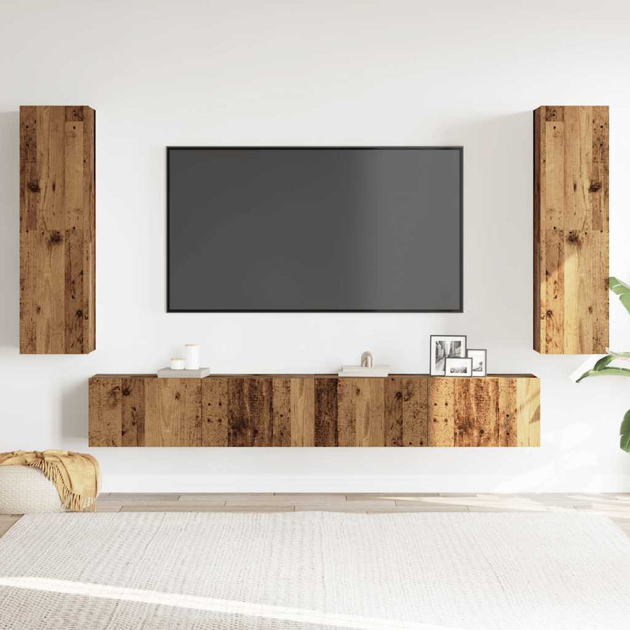Tv-wandkasten 4 st bewerkt hout oud houtkleurig