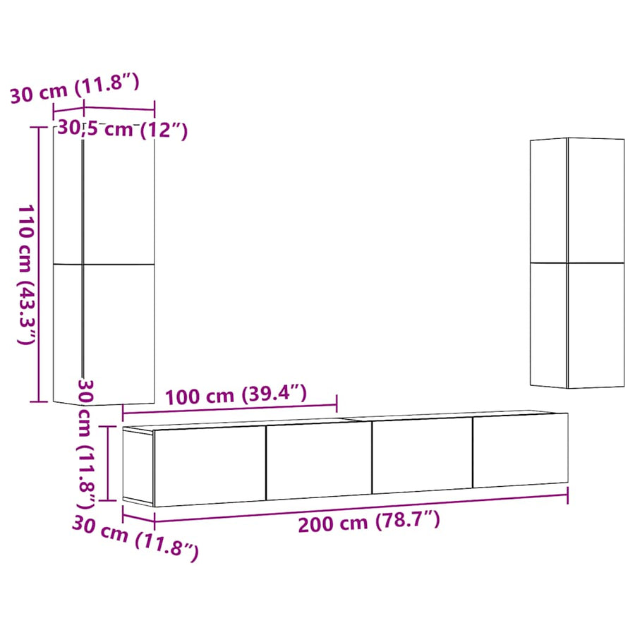 Tv-wandkasten 4 st bewerkt hout oud houtkleurig