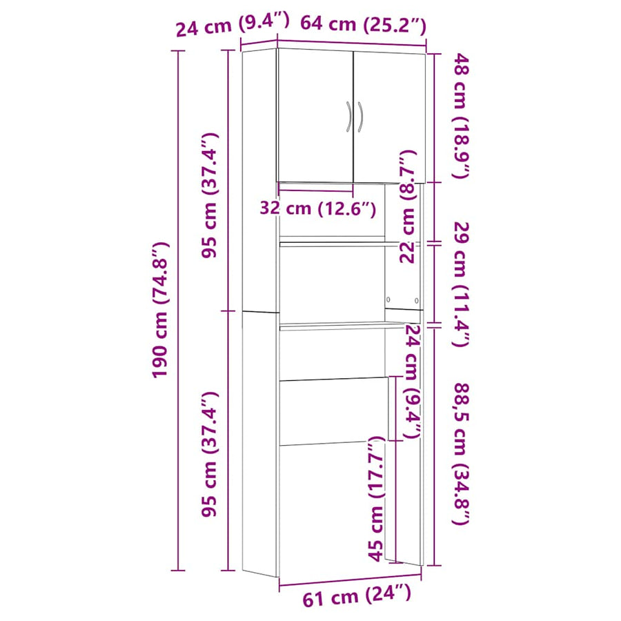 Wasmachinekast 64x24x190 cm spaanplaat zwart eikenkleurig