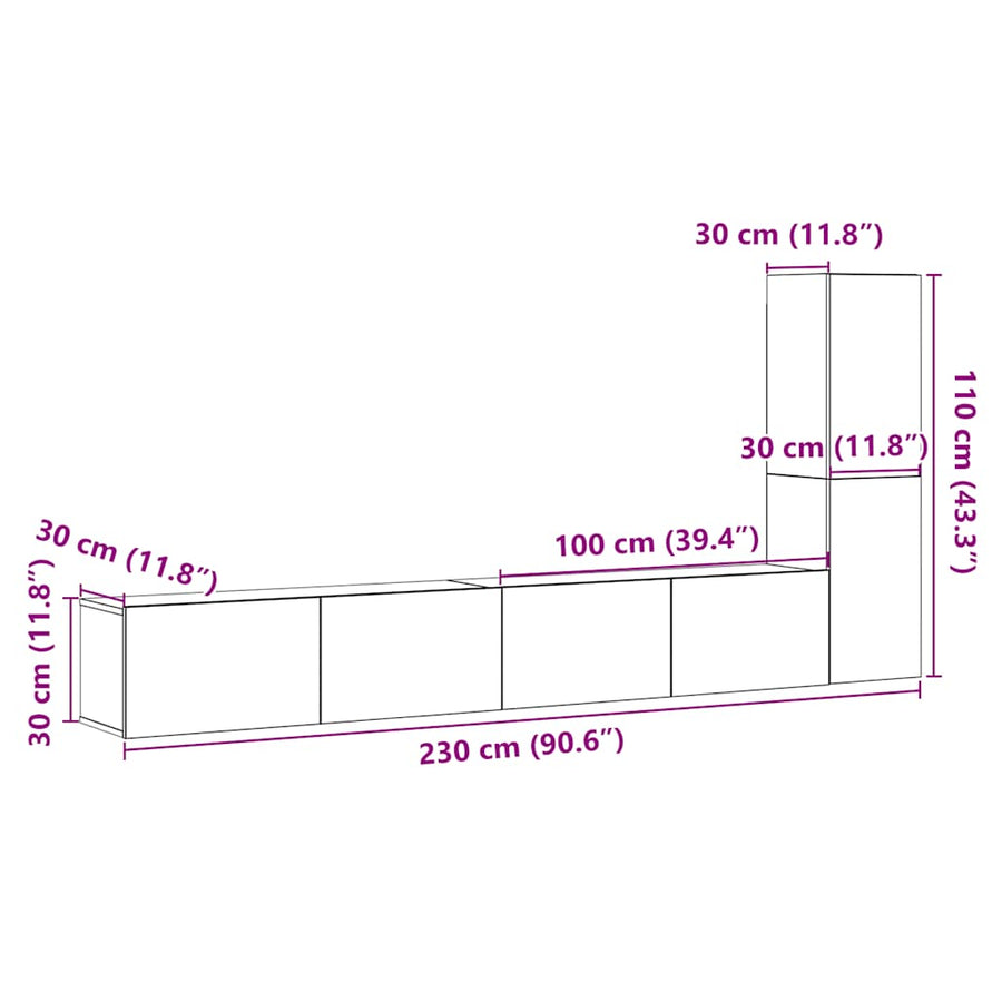 Tv-wandkasten 3 st bewerkt hout oud houtkleurig