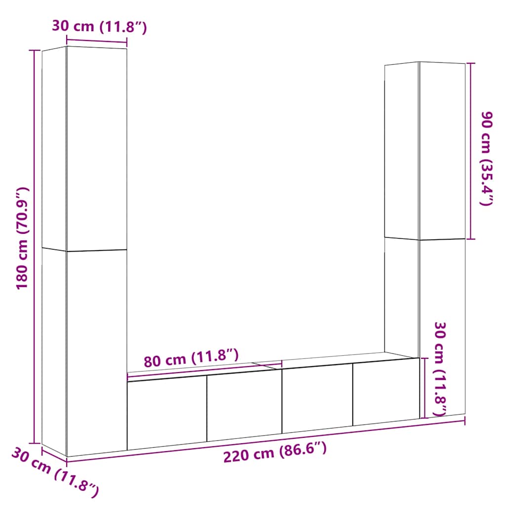 Tv-wandkasten 6 st bewerkt hout oud houtkleurig