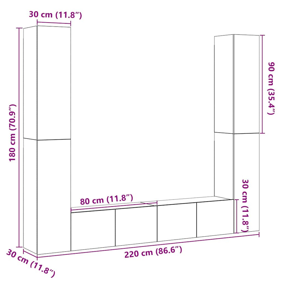 Tv-wandkasten 6 st bewerkt hout oud houtkleurig