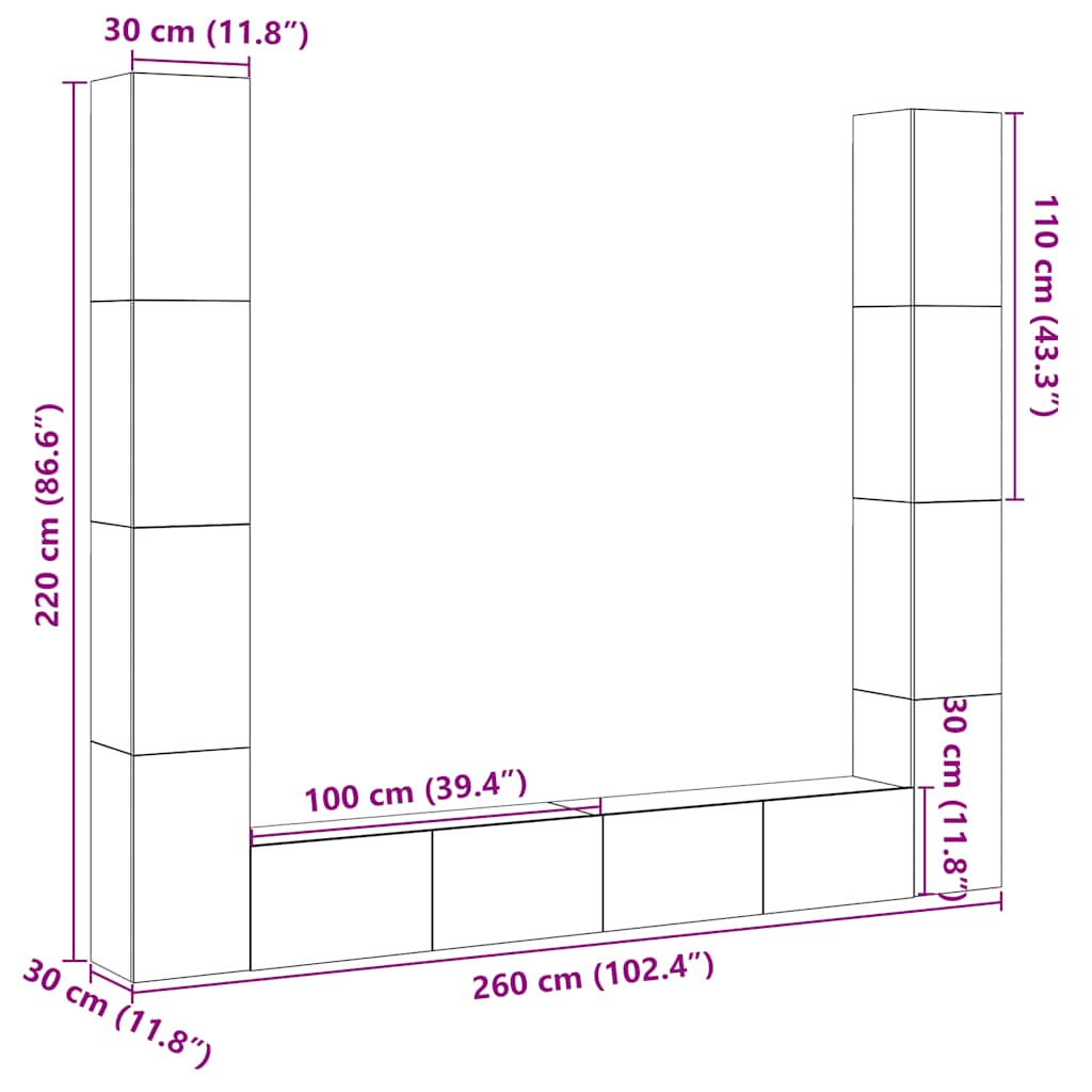 Tv-wandkasten 6 st bewerkt hout oud houtkleurig