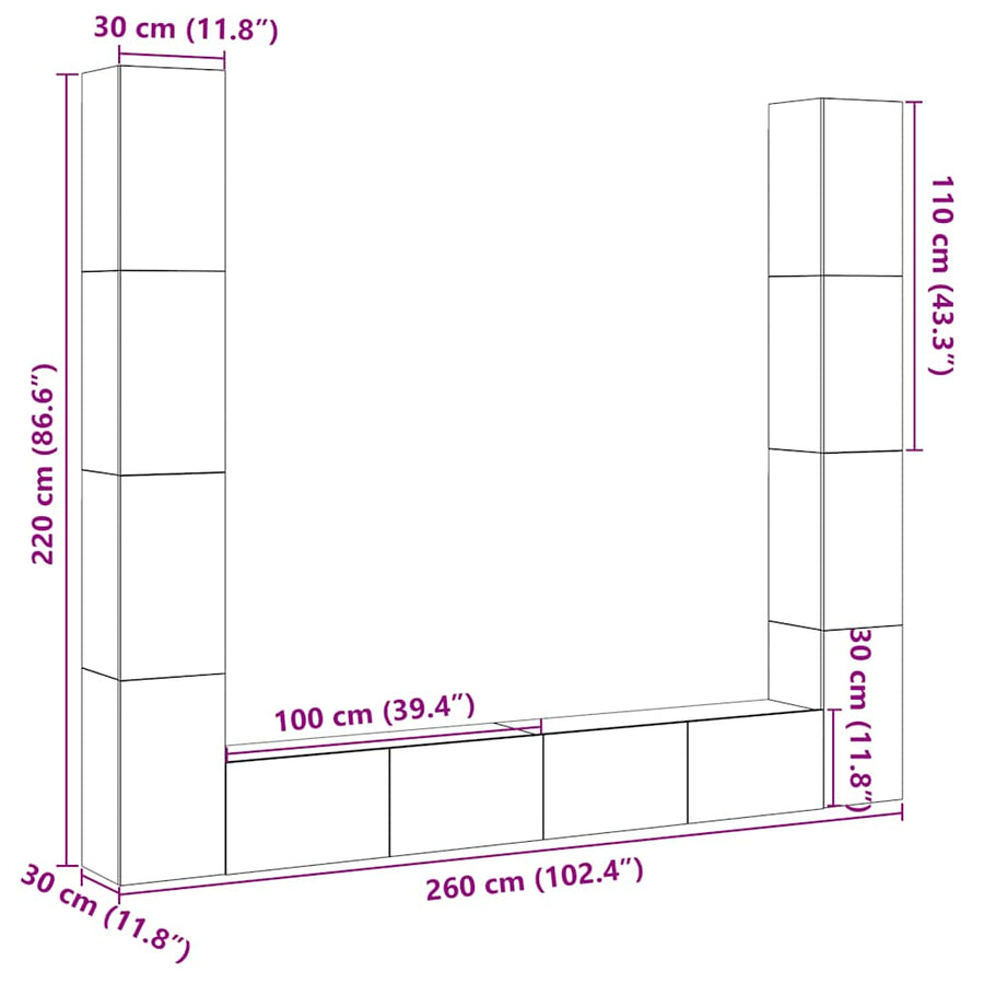 Tv-wandkasten 6 st bewerkt hout oud houtkleurig