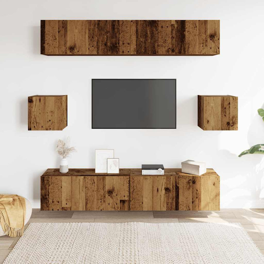 6-delig Tv-meubelset wandmontage bewerkt hout oud houtkleurig