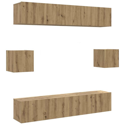 6-delig Tv-meubelset wandmontage bewerkt hout artisanaal eiken