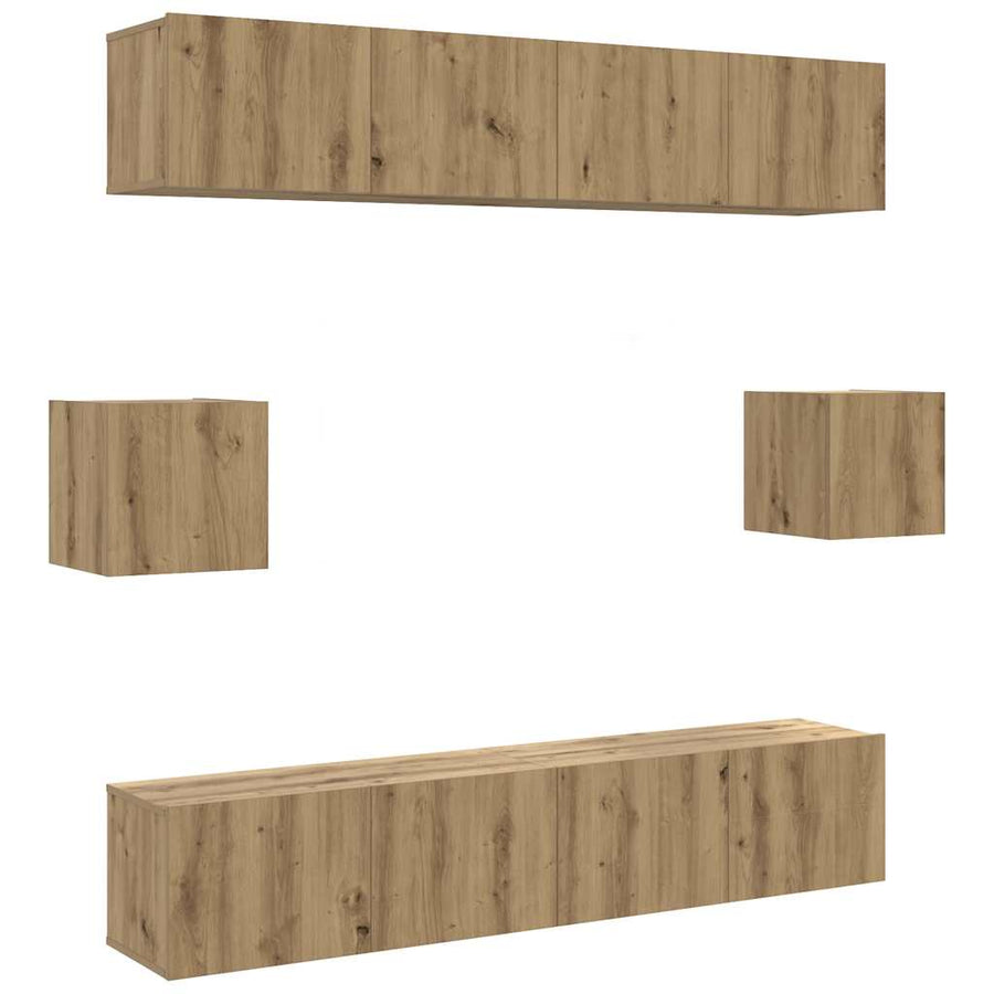 6-delig Tv-meubelset wandmontage bewerkt hout artisanaal eiken