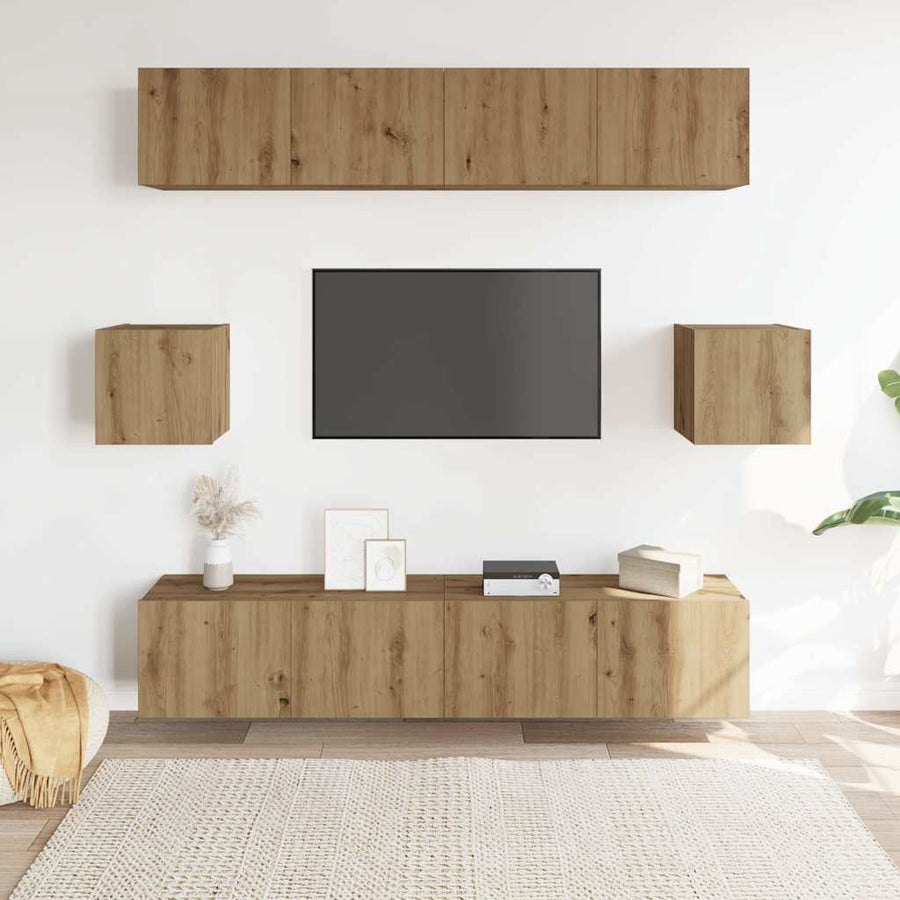 6-delig Tv-meubelset wandmontage bewerkt hout artisanaal eiken