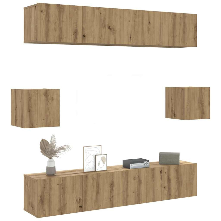 6-delig Tv-meubelset wandmontage bewerkt hout artisanaal eiken