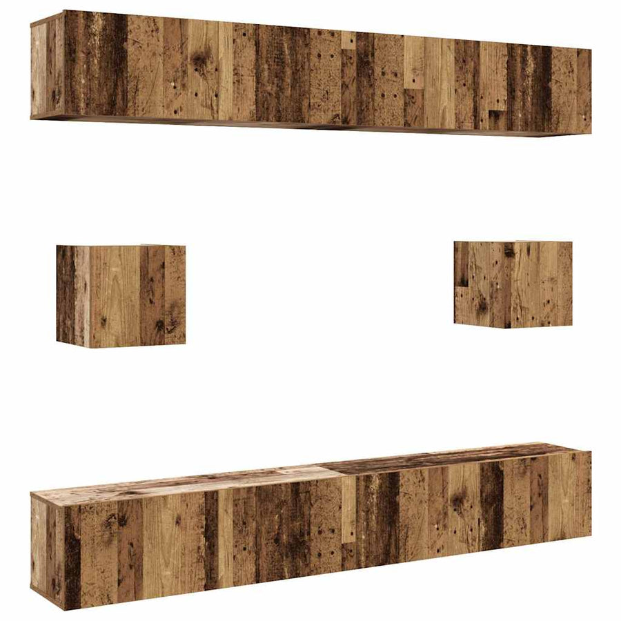 6-delig Tv-meubelset wandmontage bewerkt hout oud houtkleurig