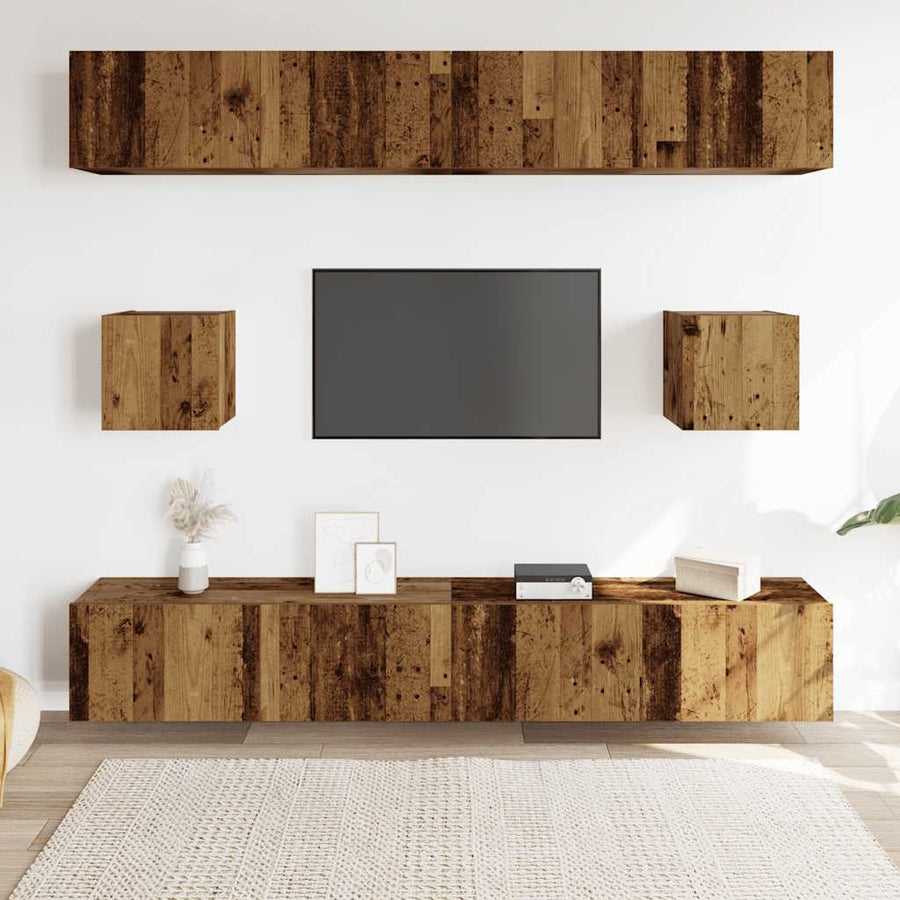 6-delig Tv-meubelset wandmontage bewerkt hout oud houtkleurig