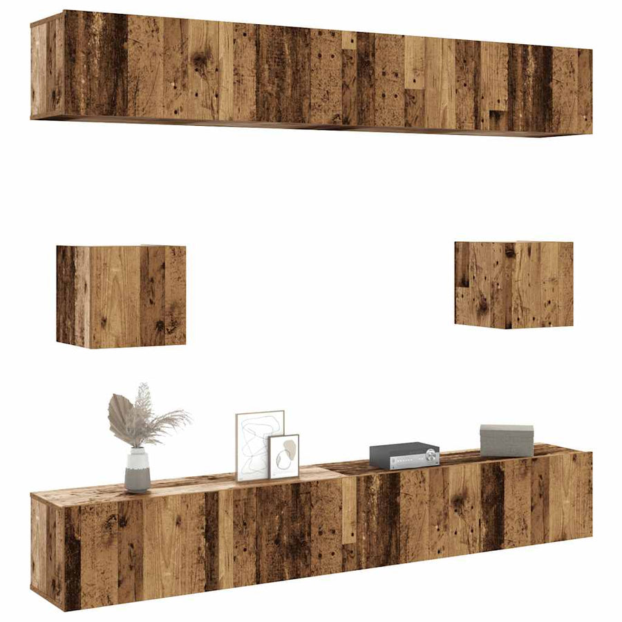 6-delig Tv-meubelset wandmontage bewerkt hout oud houtkleurig