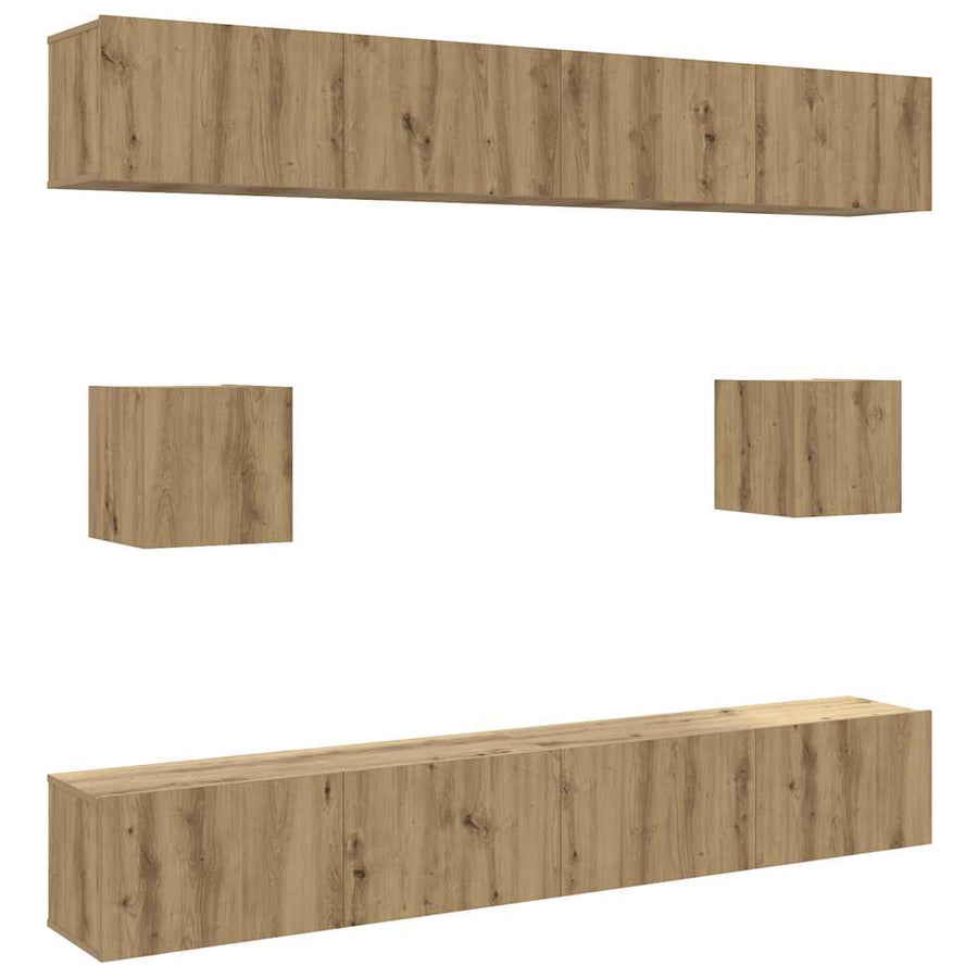 6-delig Tv-meubelset wandmontage bewerkt hout artisanaal eiken