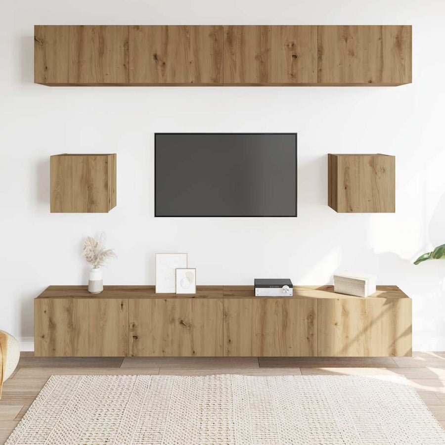 6-delig Tv-meubelset wandmontage bewerkt hout artisanaal eiken