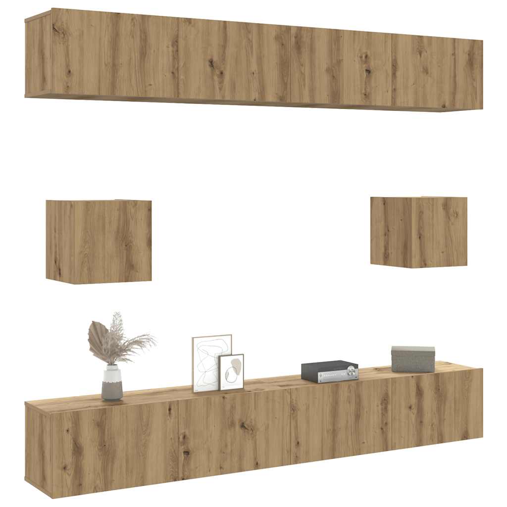 6-delig Tv-meubelset wandmontage bewerkt hout artisanaal eiken