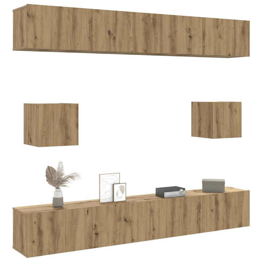 6-delig Tv-meubelset wandmontage bewerkt hout artisanaal eiken