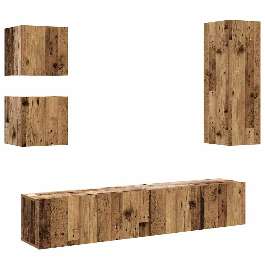 5-delig Tv-meubelset wandmontage bewerkt hout oud houtkleurig