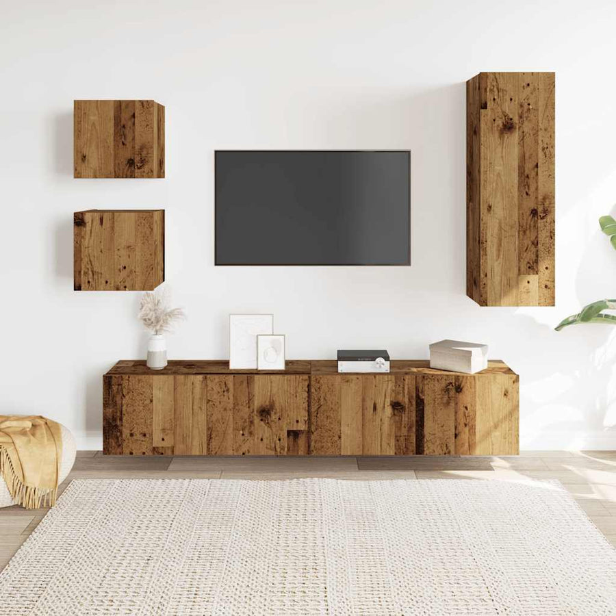 5-delig Tv-meubelset wandmontage bewerkt hout oud houtkleurig