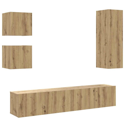 5-Delig Tv-Meubelset Wandmontage Bewerkt Hout Artisanaal Eiken