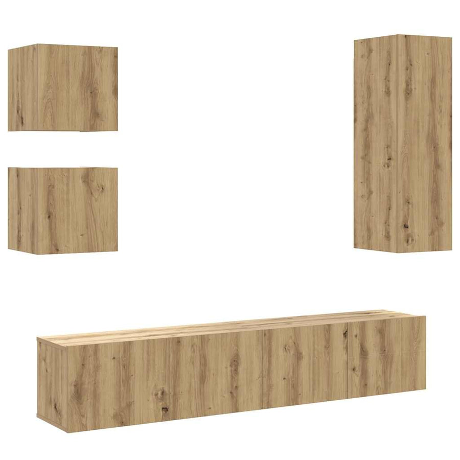 5-Delig Tv-Meubelset Wandmontage Bewerkt Hout Artisanaal Eiken