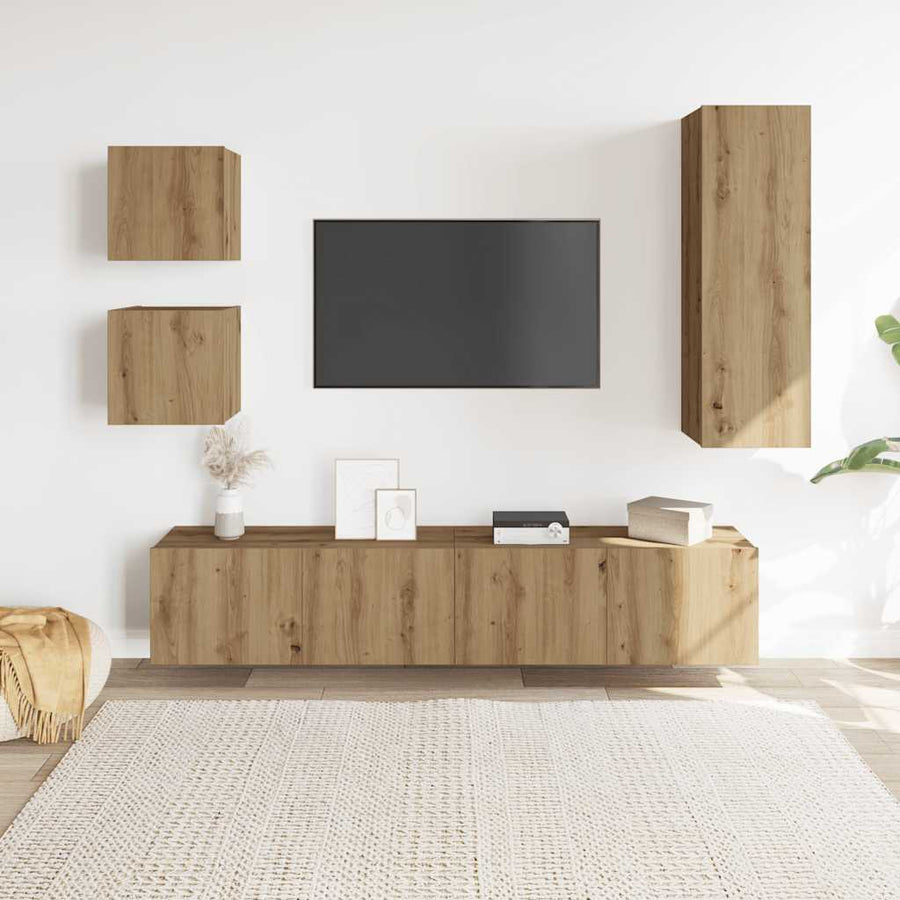 5-Delig Tv-Meubelset Wandmontage Bewerkt Hout Artisanaal Eiken