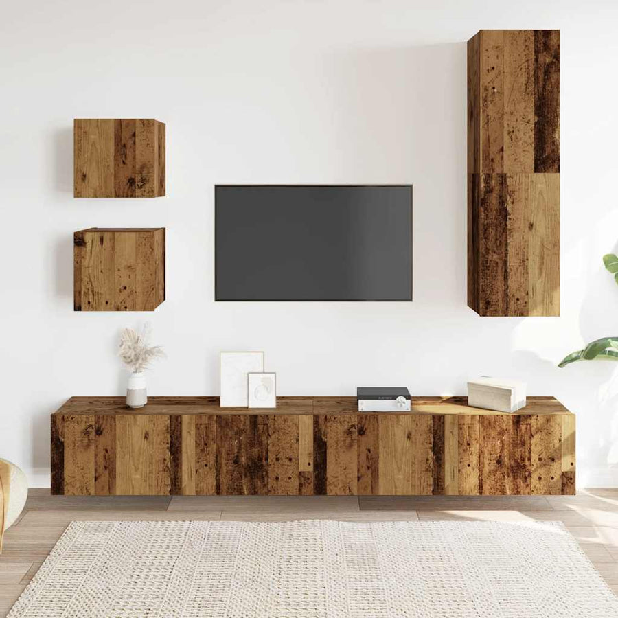 5-delig Tv-meubelset wandmontage bewerkt hout oud houtkleurig