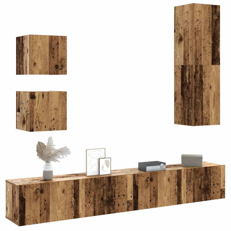 5-delig Tv-meubelset wandmontage bewerkt hout oud houtkleurig