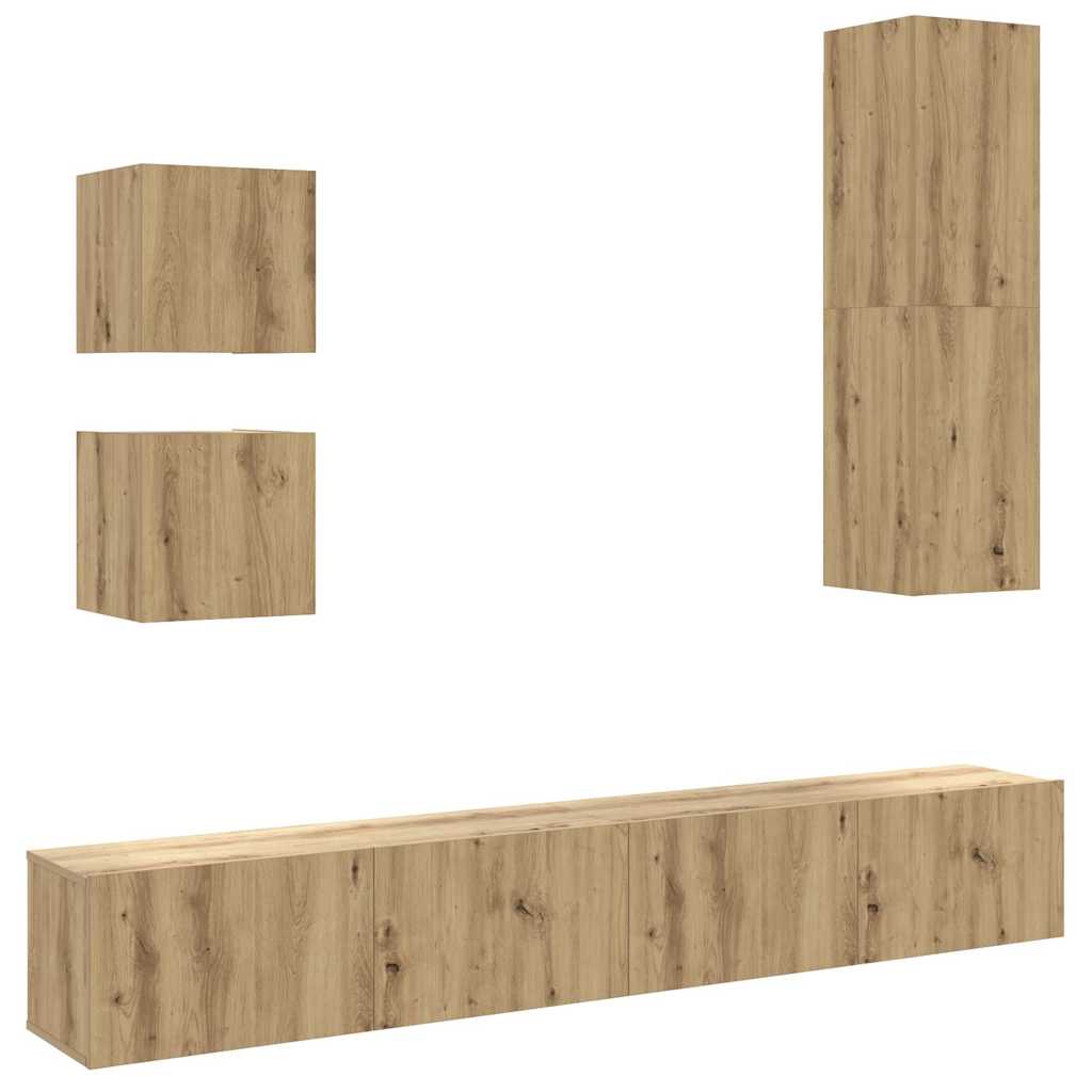 5-Delig Tv-Meubelset Wandmontage Bewerkt Hout Artisanaal Eiken