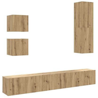 5-Delig Tv-Meubelset Wandmontage Bewerkt Hout Artisanaal Eiken
