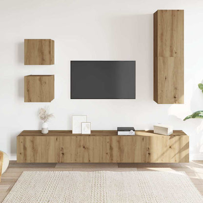 5-Delig Tv-Meubelset Wandmontage Bewerkt Hout Artisanaal Eiken