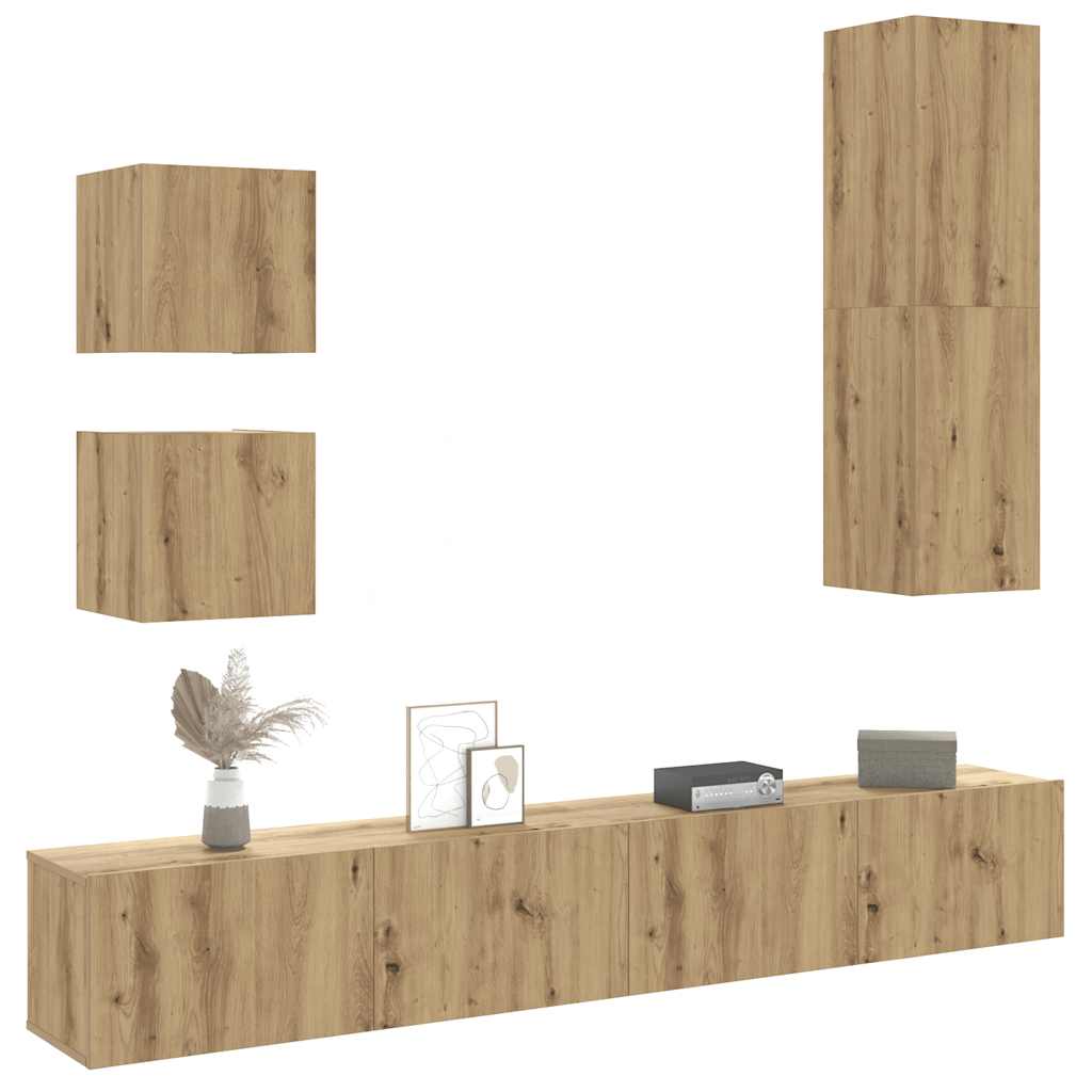 5-Delig Tv-Meubelset Wandmontage Bewerkt Hout Artisanaal Eiken