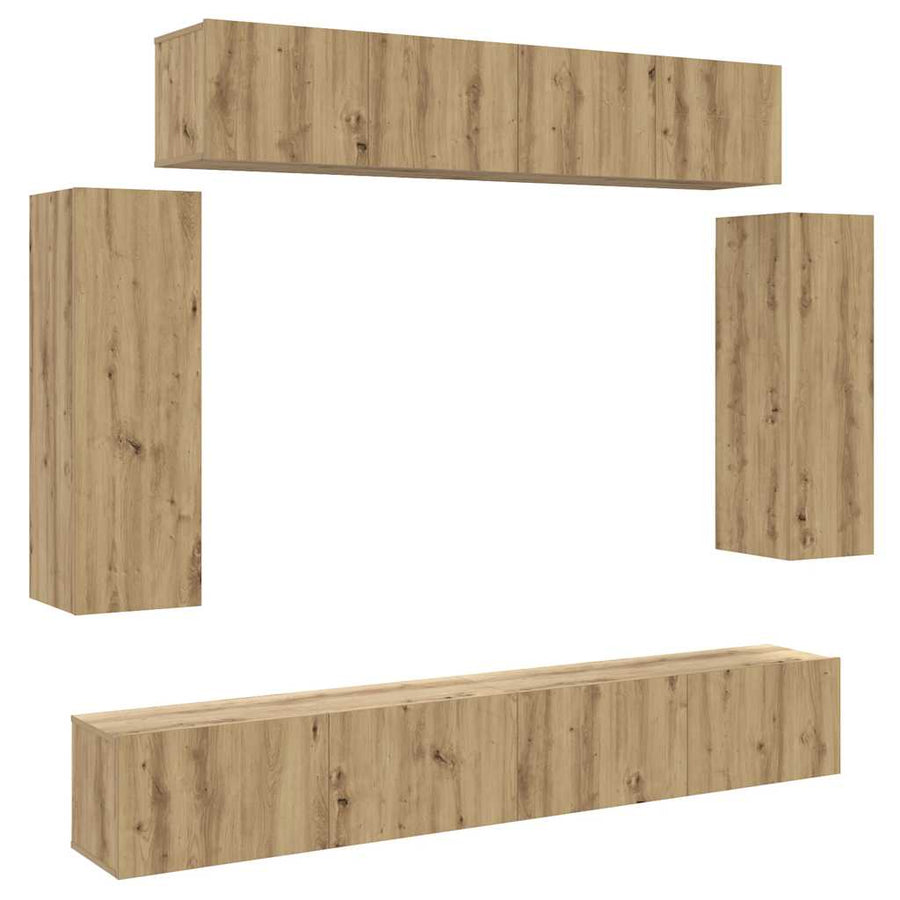6-delig Tv-meubelset wandmontage bewerkt hout artisanaal eiken