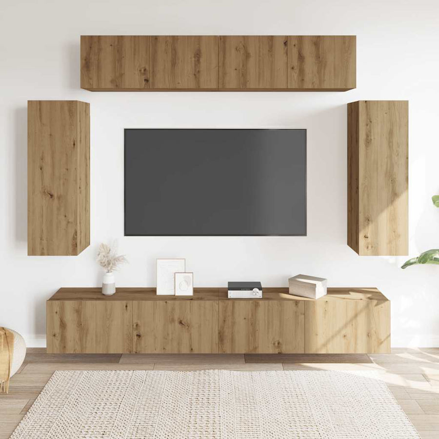 6-delig Tv-meubelset wandmontage bewerkt hout artisanaal eiken