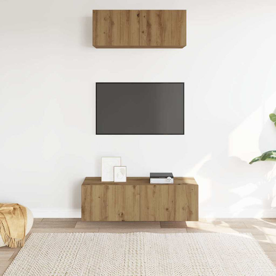 2-delig Tv-meubelset wandmontage bewerkt hout artisanaal eiken