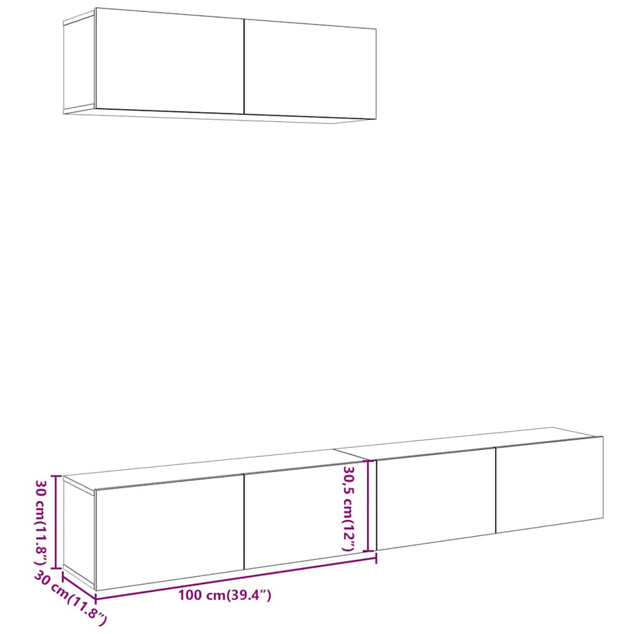 Tv-wandkasten 3 st 100x30x30 cm bewerkt hout artisanaal eiken
