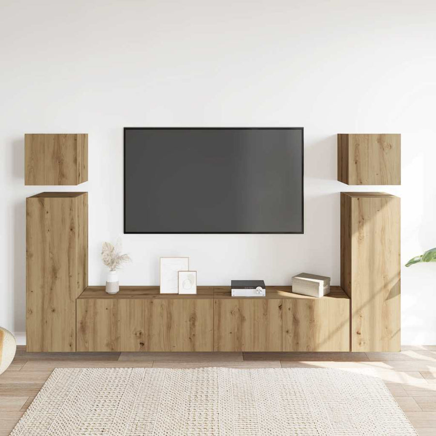 8-Delig Tv-Meubelset Wandmontage Bewerkt Hout Artisanaal Eiken 80 cm